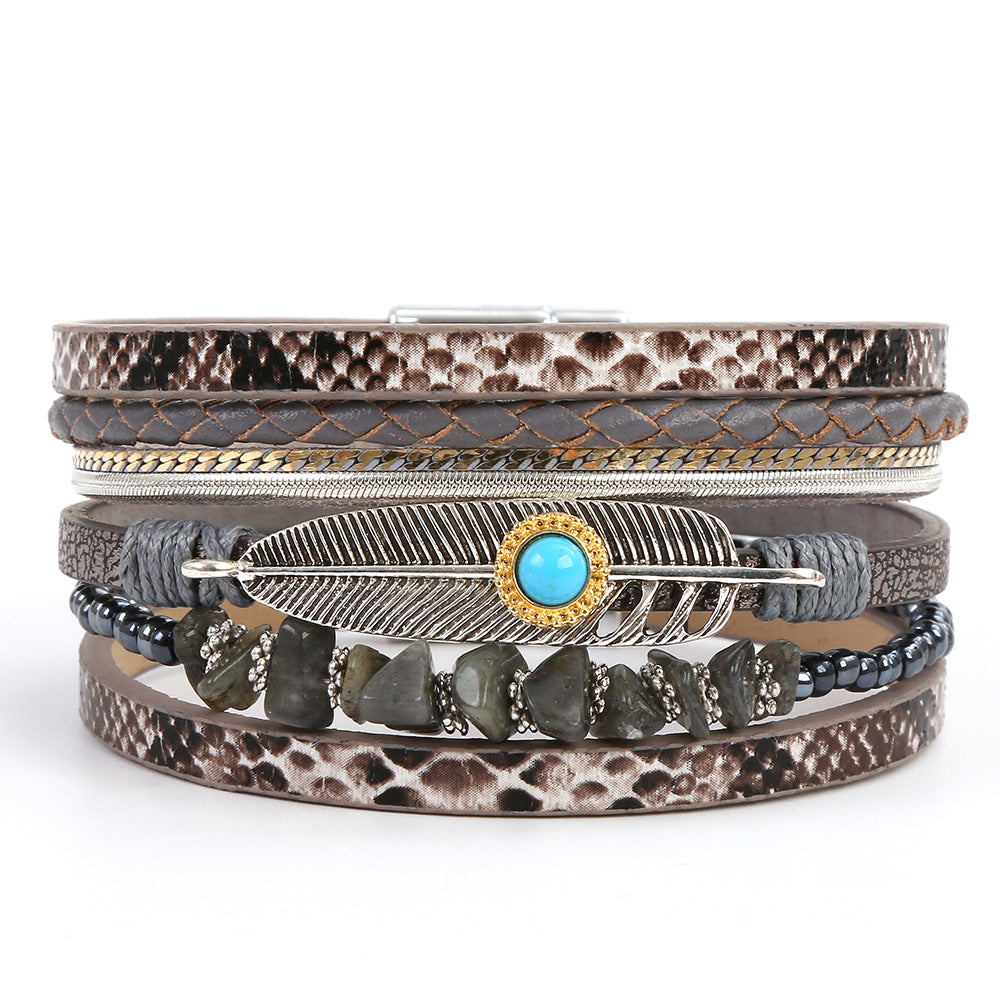 Wholesale Retro Ethnic Style Woven Turquoise Multi-layer Bohemian Magnet Buckle Feather Bracelet